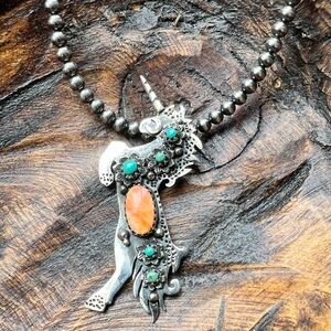 925 Sterling Silver Unicorn Pendant • Spiny Oyster & Kingman Turquoise •
